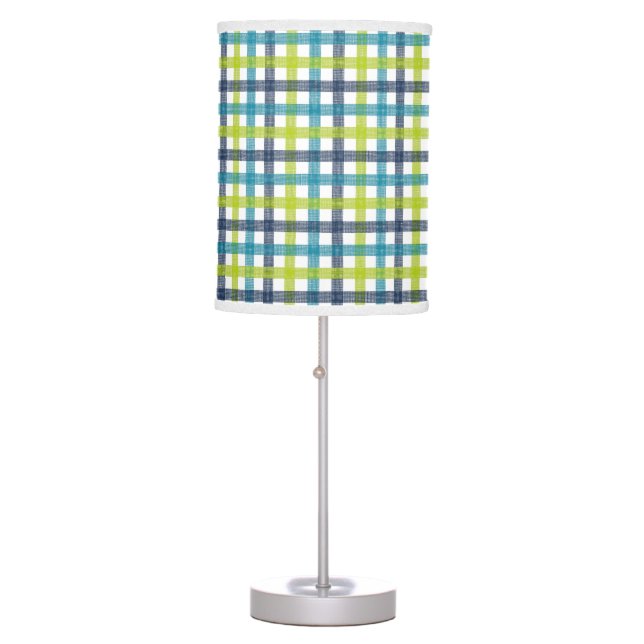 Lime Green, Navy and Turquoise Blue Plaid Table Lamp (Front)