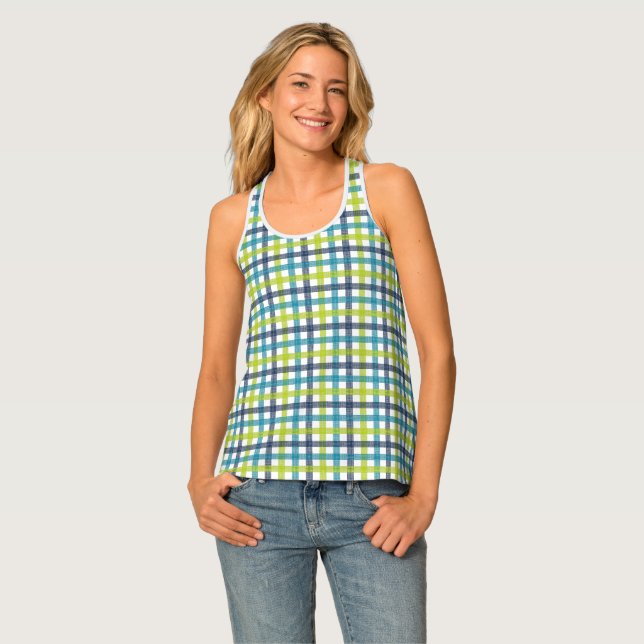 Lime Green, Navy and Turquoise Blue Plaid Tank Top (Front Full)