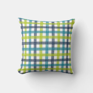 Lime Green, Navy and Turquoise Blue Plaid Throw Pillow