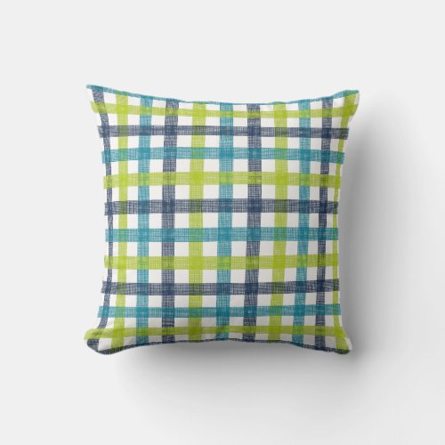 Lime Green Navy and Turquoise Blue Plaid Throw Pillow