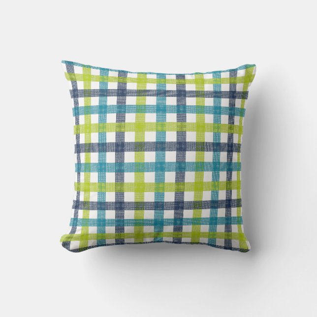 Lime Green, Navy and Turquoise Blue Plaid Throw Pillow (Front)