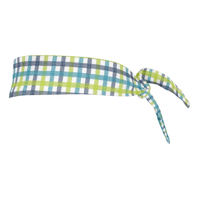 Lime Green, Navy and Turquoise Blue Plaid Tie Headband (Rotate 90)