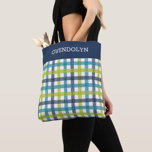 Lime Green Navy and Turquoise Blue Plaid Tote Bag