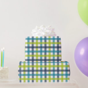 Lime Green, Navy and Turquoise Blue Plaid Wrapping Paper