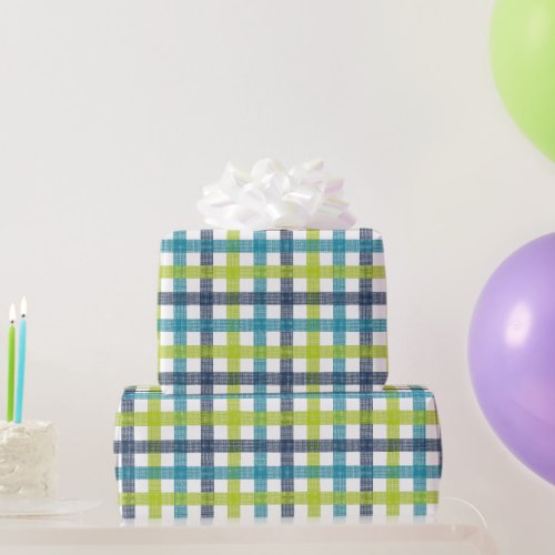 Lime Green Navy and Turquoise Blue Plaid Wrapping Paper