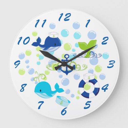 Lime Green Navy Blue Nautical Kids Large Clock