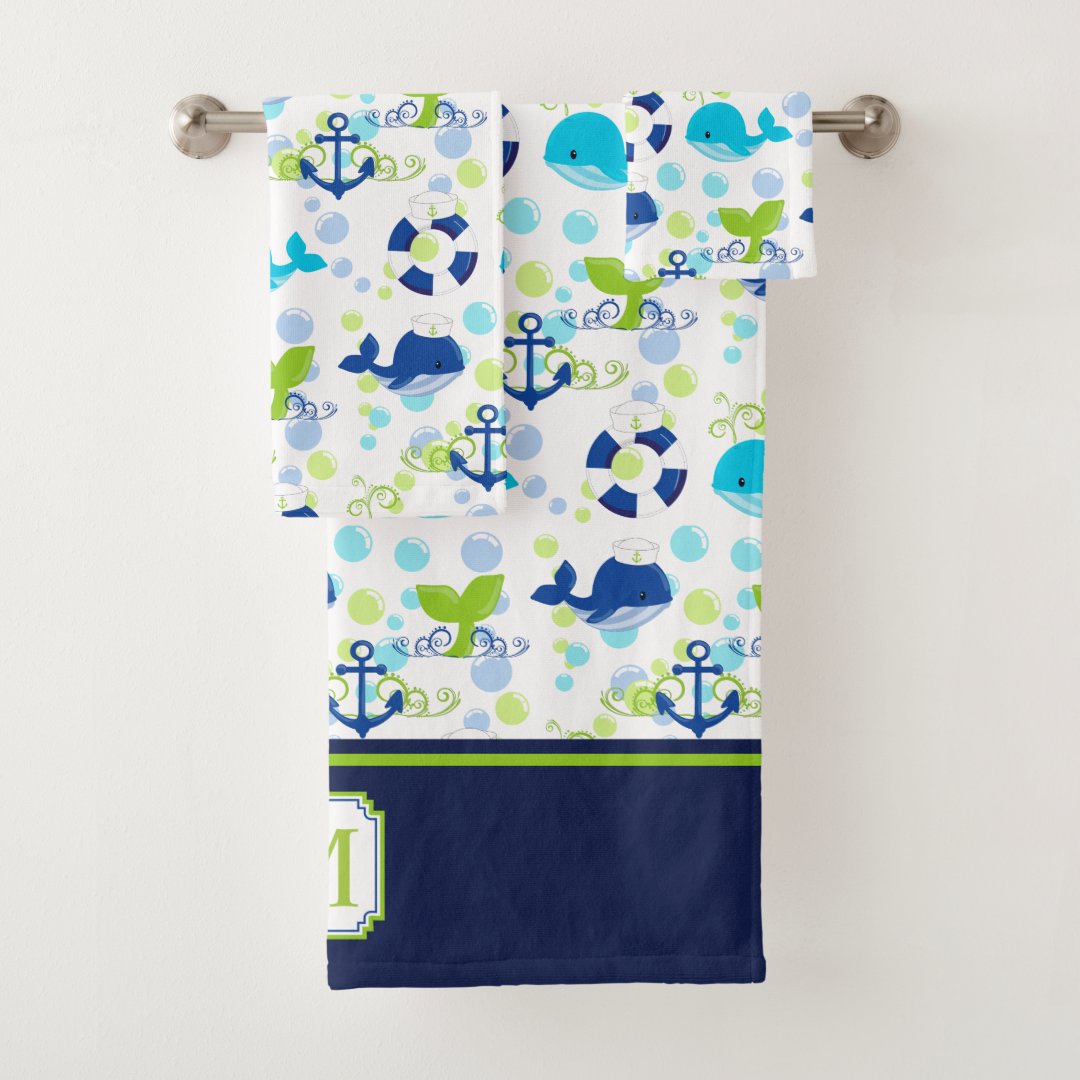 Lime Green Navy Blue Nautical Pattern Monogram Bath Towel Set | Zazzle