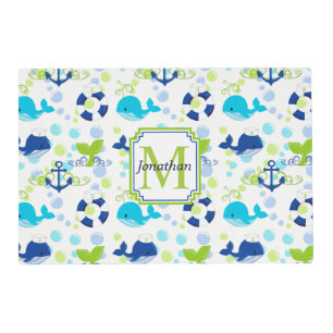 Lime Green Navy Blue Nautical Pattern Monogram Placemat