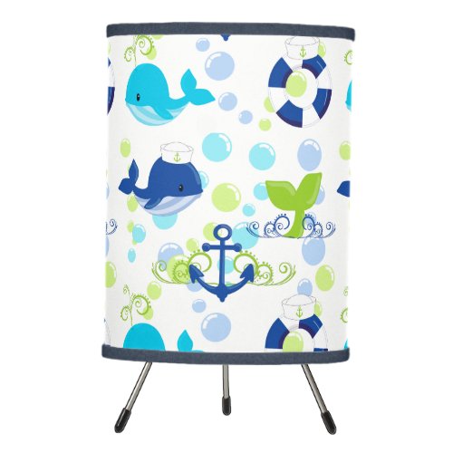 Lime Green Navy Blue Nautical Pattern on White Tripod Lamp