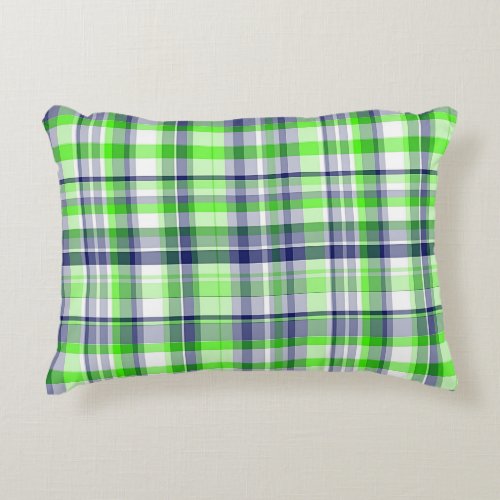 Lime Green Navy Blue White Preppy Madras Plaid Accent Pillow