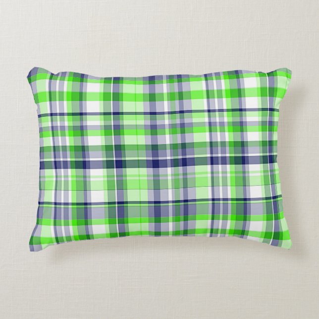Lime Green, Navy Blue, White Preppy Madras Plaid Accent Pillow (Front)