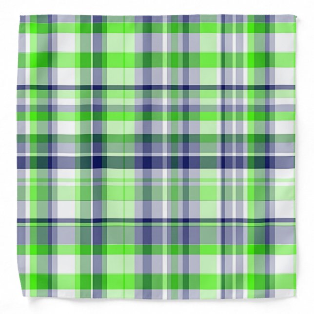 Lime Green, Navy Blue, White Preppy Madras Plaid Bandana (Front)