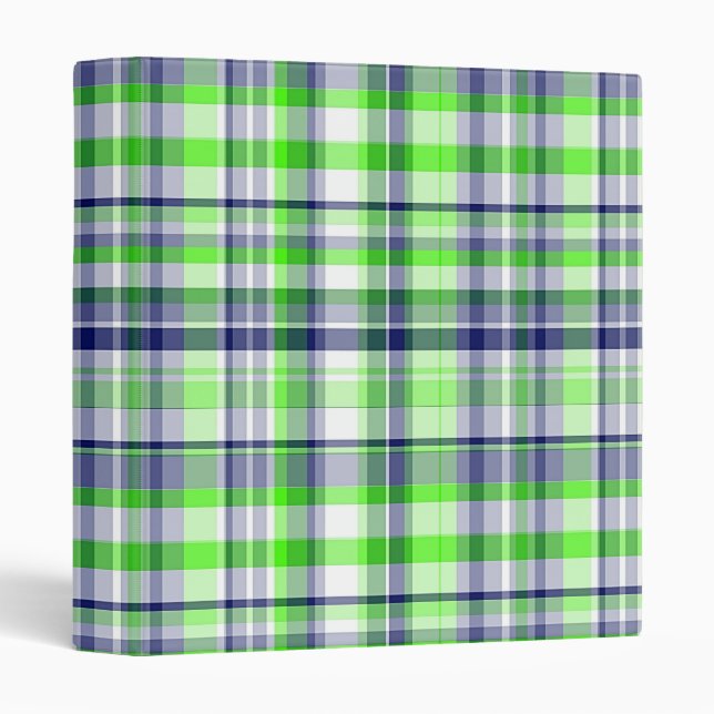 Lime Green, Navy Blue, White Preppy Madras Plaid Binder (Front/Spine)