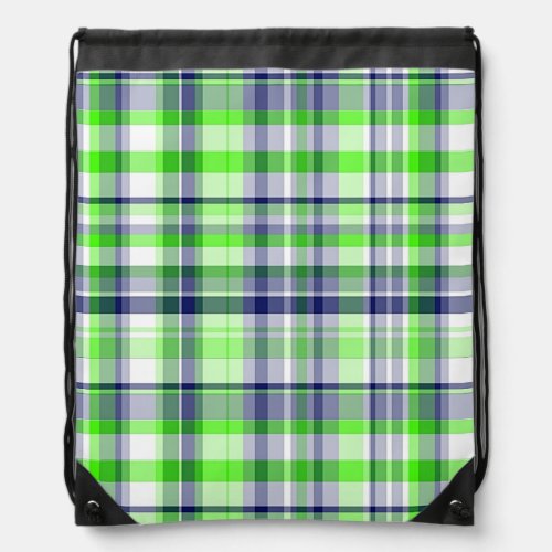 Lime Green Navy Blue White Preppy Madras Plaid Drawstring Bag