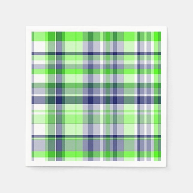 Lime Green, Navy Blue, White Preppy Madras Plaid Paper Napkins (Front)