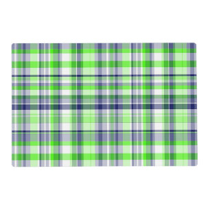 Lime Green, Navy Blue, White Preppy Madras Plaid Placemat