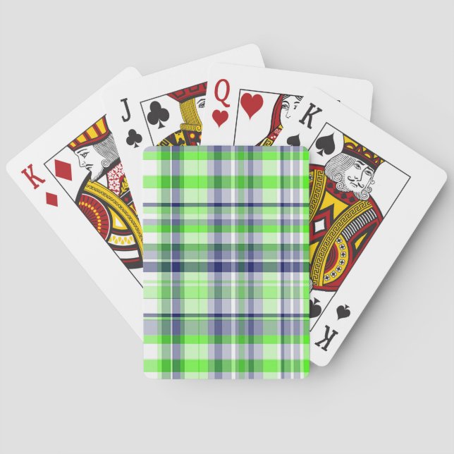 Lime Green, Navy Blue, White Preppy Madras Plaid Poker Cards (Back)