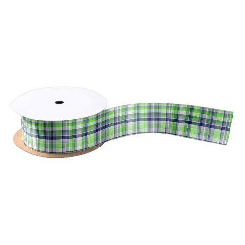 Lime Green Navy Blue White Preppy Madras Plaid Satin Ribbon