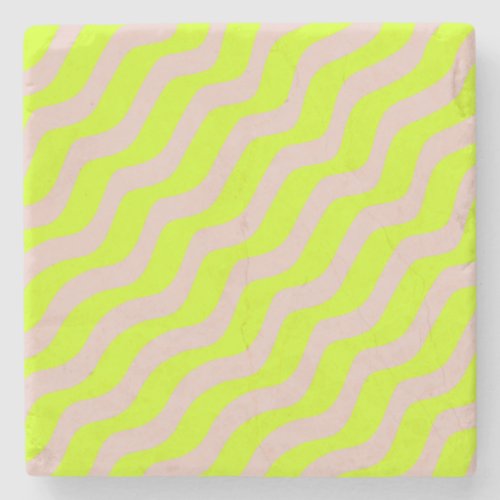 Lime Green Neon And Beige Abstract Stripes Stone Coaster