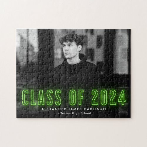 Lime Green Neon Class of 2024 Graduation Photo Jigsaw Puzzle