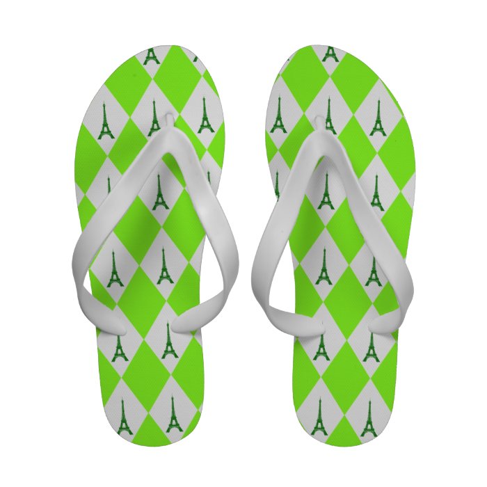 Lime Green Neon Diamond Pattern & Eiffel Tower Flip Flops