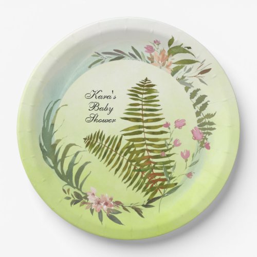 Lime Green Ombre Forest fern Paper Plate