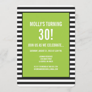 Lime Green on Black and White Stripe Party Invitation