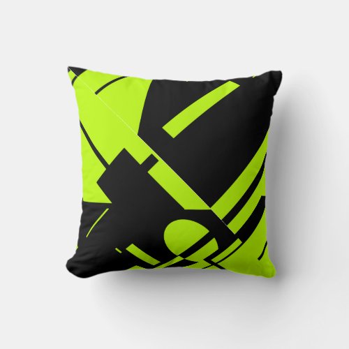 Lime Green on Black Bold Geometric Abstract Design Throw Pillow