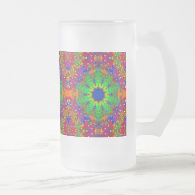 Lime Green Orange and Purple Stars Mandala Frosted Glass Beer Mug (Right)