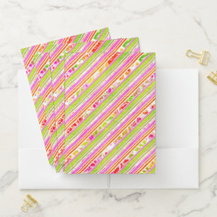 LIME GREEN ORANGE PINK RED DIAGONAL STRIPES POCKET FOLDER