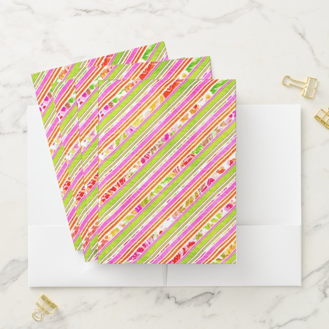 LIME GREEN ORANGE PINK RED DIAGONAL STRIPES POCKET FOLDER (In Situ)