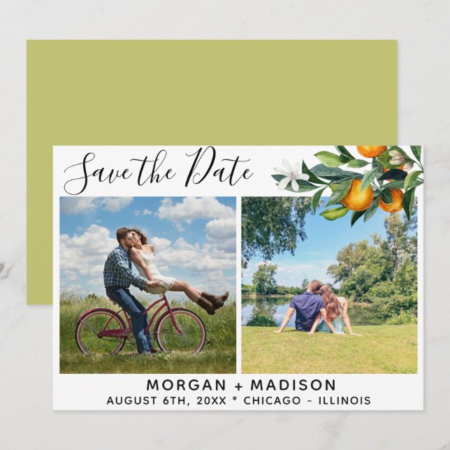 Lime Green Oranges Save the Date Photo Announcement (Front/Back)