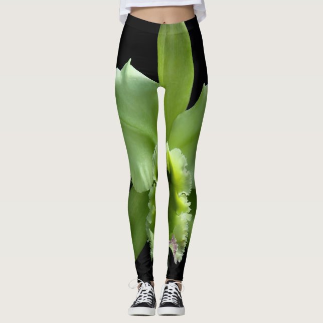 Lime Green Orchid Leggings on a Black Background (Front)