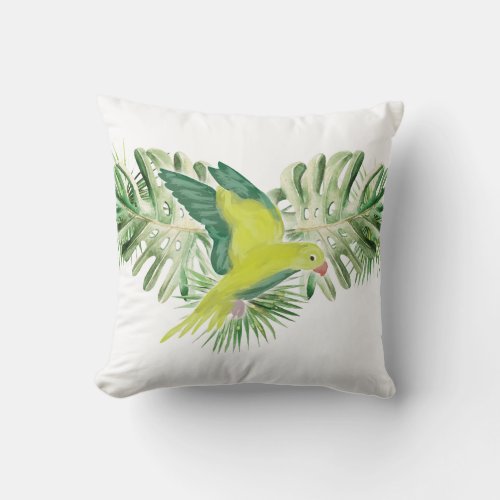 Lime Green Parrot with Tropical Leaves Throw Pillow