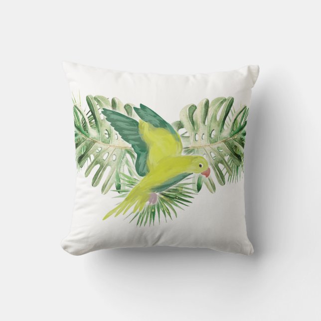 Lime Green Parrot with Tropical Leaves Throw Pillow (Front)