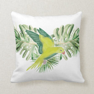 Lime Green Parrot with Tropical Leaves Throw Pillow