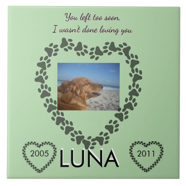 Lime Green Pawprint Heart Memorial Ceramic Tile (Front)