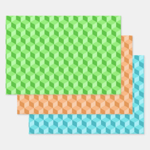 LIME GREEN PEACH AQUA BLUE GEOMETRIC CUBE PATTERNS WRAPPING PAPER SHEETS