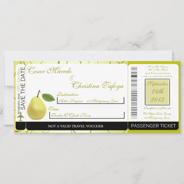 Lime Green Pear  Boarding Pass Wedding Invitation (Front)