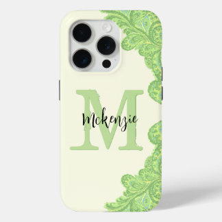 Lime Green Personalized Damask iPhone Cover- 15 Pro Case