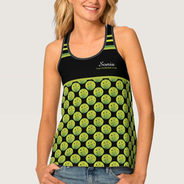 Lime green pickleballs, custom name on chest  tank top (Front)