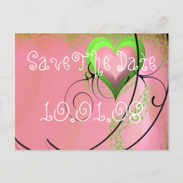 Lime Green Pink Hearts Wedding Save the Date Announcement Postcard (Front)