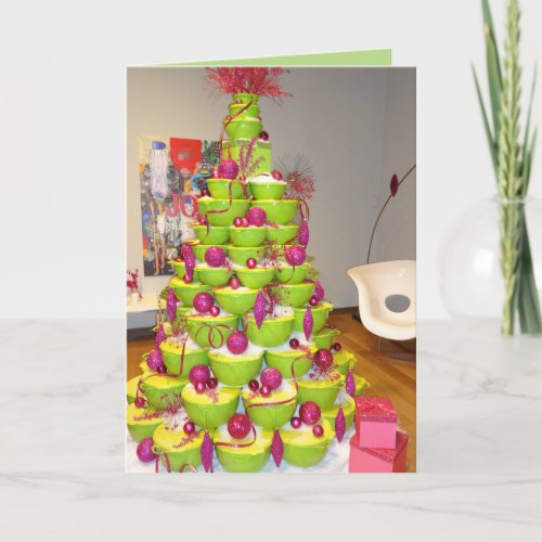 Lime Green  Pink Jingle Bowls Christmas Tree Holiday Card