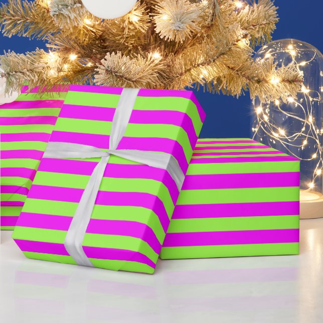 Lime Green Pink Stripe Pattern Modern Wrapping Paper (Holidays)