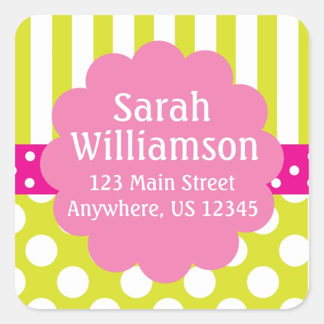 Lime Green Pink Stripes Polka Dots Address Sticker (Front)