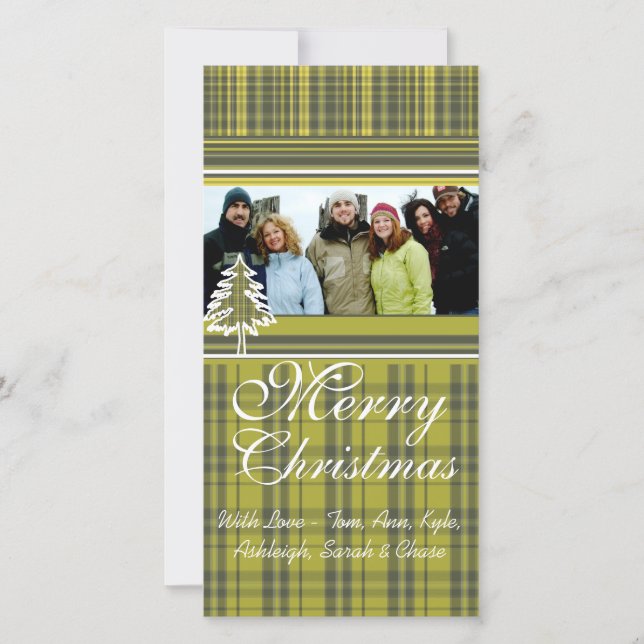 Lime Green Plaid Pine Tree Holiday Family Photo (Front)