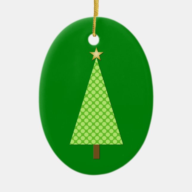 Lime green polka dot modern Christmas tree Ceramic Ornament (Front)