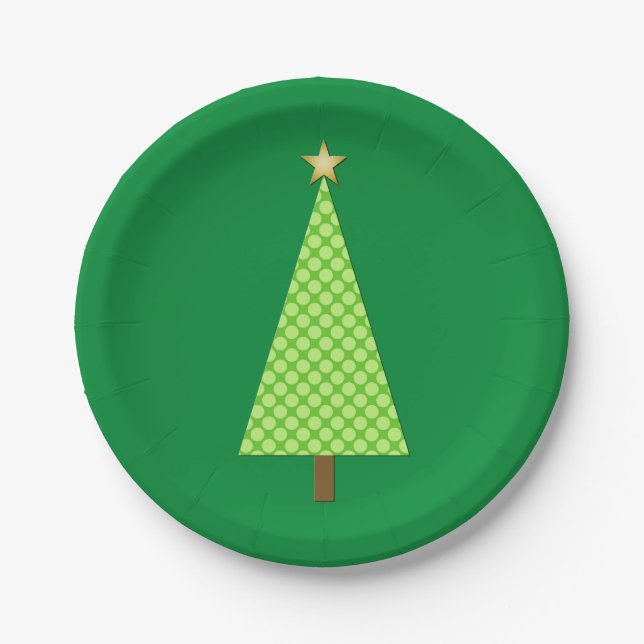 Lime green polka dot modern Christmas tree Paper Plates (Front)
