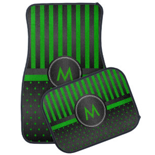Lime Green Polka Dots and Black Stripes Car Mat