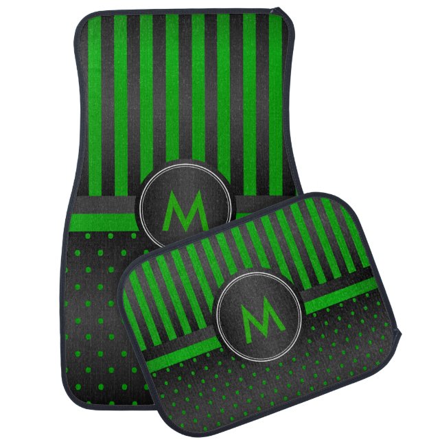 Lime Green Polka Dots and Black Stripes Car Mat (Set)